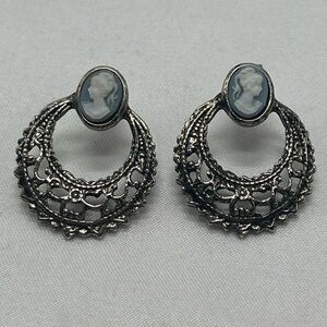Vintage Filigree Dangle Earrings Blue/Gray Victorian Cameo Pierced Silver Tone